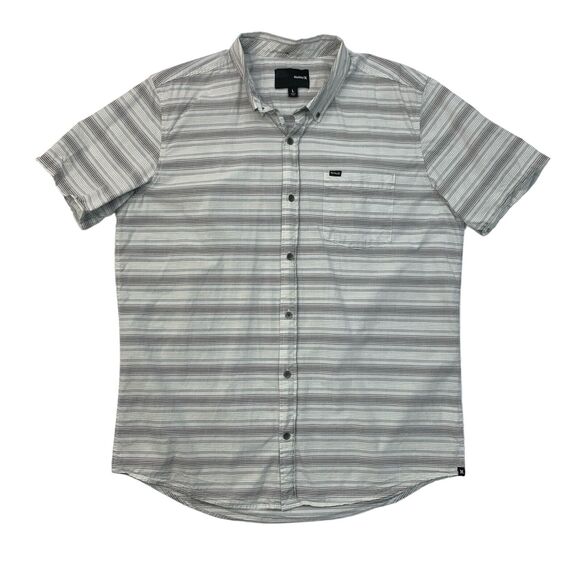 Hurley Shirt Mens L Large Grey Button Down Short Sleeve Striped Cotton Pocket - Picture 1 of 10